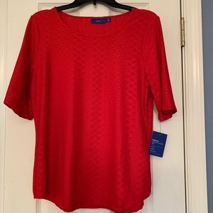 Red, knit top.
